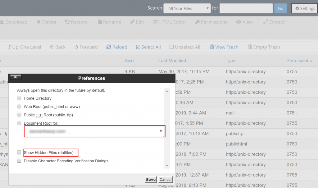 Dokumentenstammordner cPanel